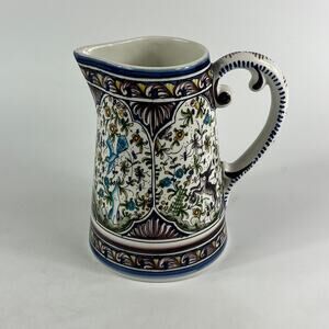 Ceramicas De Coimbra Portugal Pitcher Hand Painted Floral Deer Bird Motif 8"